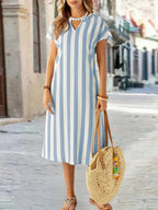 EMERY ROSE Vestido de Verão Feminino com Pescoço em V Ranhura Listras Florais com Estampa de Manga Curta