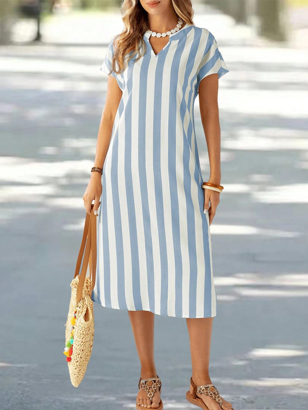 EMERY ROSE Vestido de Verão Feminino com Pescoço em V Ranhura Listras Florais com Estampa de Manga Curta