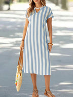 EMERY ROSE Vestido de Verão Feminino com Pescoço em V Ranhura Listras Florais com Estampa de Manga Curta