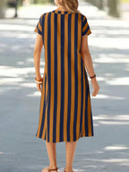 EMERY ROSE Vestido de Verão Feminino com Pescoço em V Ranhura Listras Florais com Estampa de Manga Curta