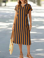 EMERY ROSE Vestido de Verão Feminino com Pescoço em V Ranhura Listras Florais com Estampa de Manga Curta