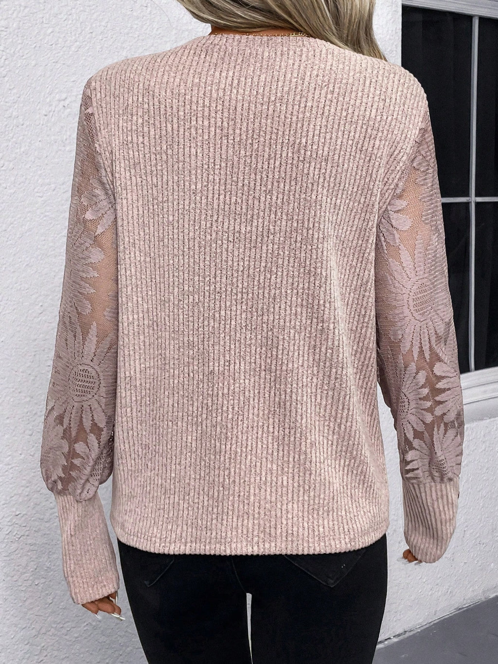 SHEIN LUNE Top Feminino Waffle Branco Com Mangas De Renda