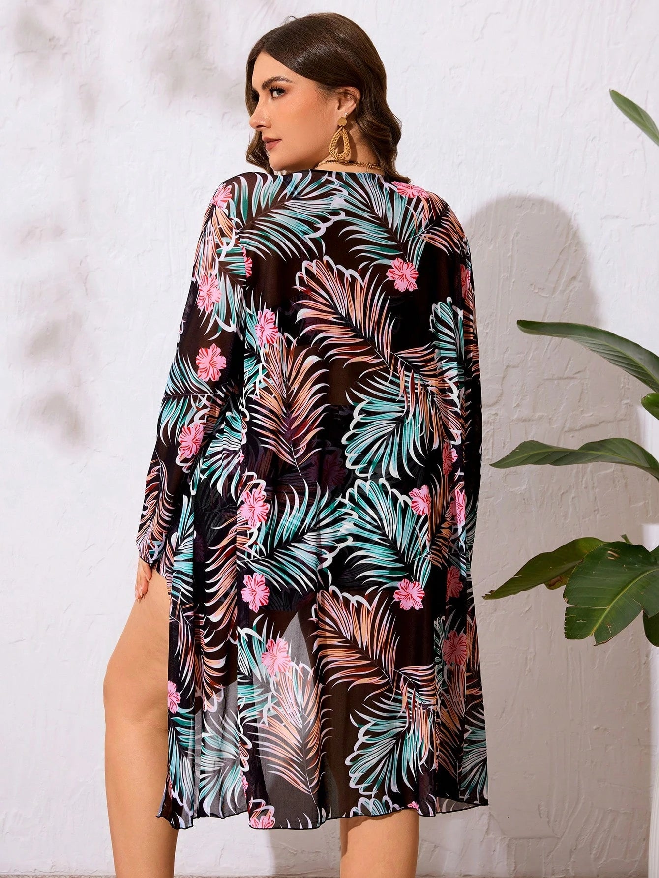 Swim Lushoire Conjunto de Maiô Bikini Plus Size com Lacinho e Estampa Floral e de Folhas para Mulheres no Verão