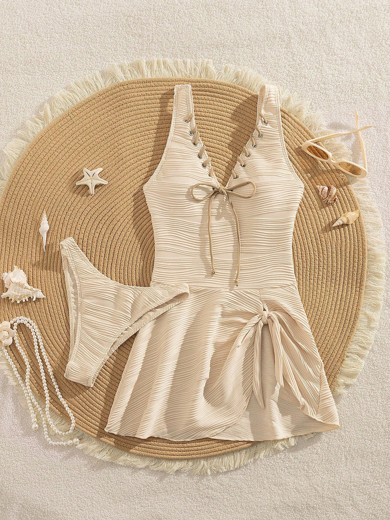 Swim Lushoire 2 peças Elegante Vestido de Praia Texturizado de Decote em V Versátil Estilo Francês e Parte de Baixo, Roupa de Banho para Férias e Praia em Dias de Primavera
