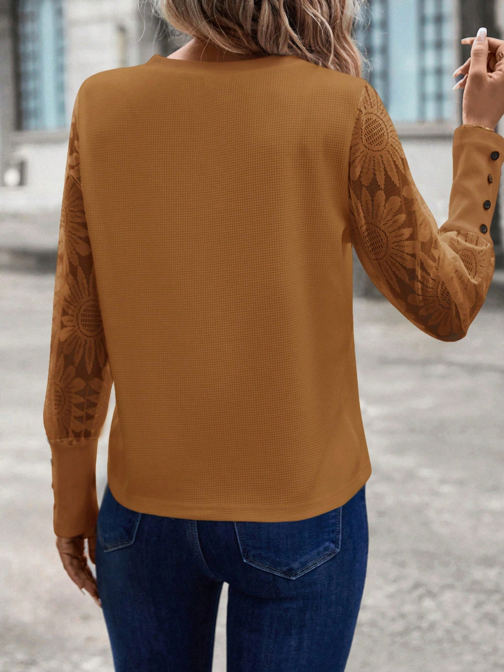 SHEIN LUNE Top Feminino Waffle Branco Com Mangas De Renda