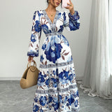 Vestido Longo Floral Elisa com Manga Longa e Decote em V