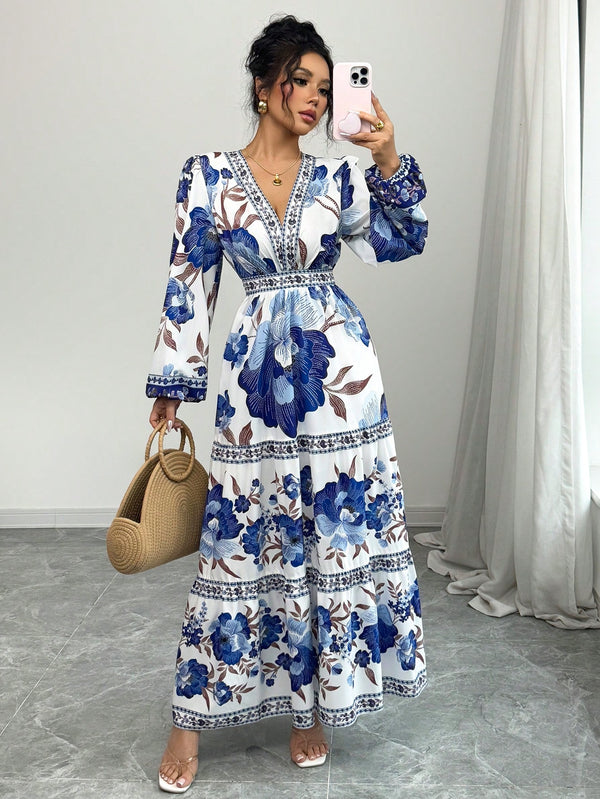 Vestido Longo Floral Elisa com Manga Longa e Decote em V