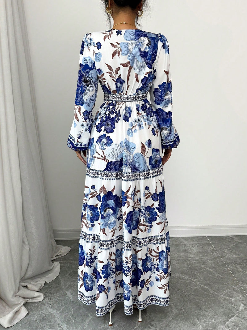 Elenzga Vestido Longo Casual de Férias para Mulheres com Estampa Floral Espalhada e Manga Lanternas