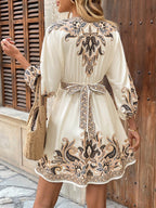 Calvaya Vestido Casual Elegante Francês Versátil de Uso Diário com Estampa de Decote em V, Botão na Cintura, Mangas Longas e Bufantes no Estilo Evasê em Cor Damasco, Primavera/Verão