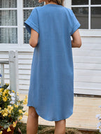 Sylviya Vestido Feminino Casual de Camisa Listrada de Manga Curta com Decote em V Verão, Até o Joelho