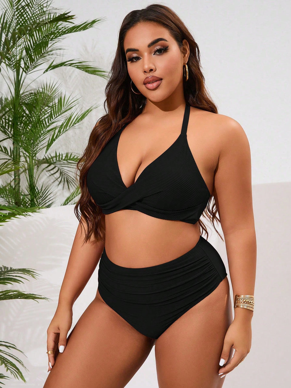 Swim Lushoire Conjunto de Maiô Bikini Minimalista de uma Cor com Alça e Amarração nas Costas, Plus Size, Verão