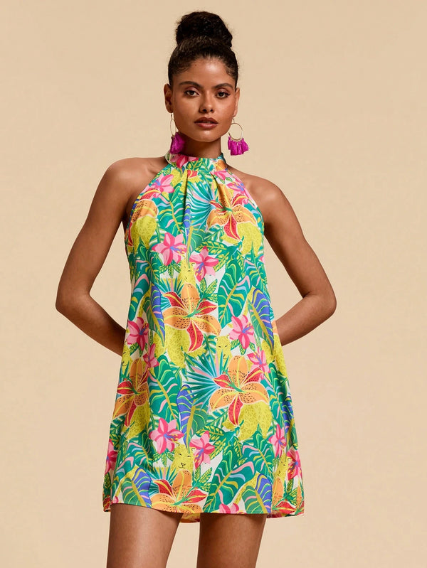 Travachic Vestido Feminino De Verão Para Praia Com Estampa Floral De Primavera, Halterneck Com Decote Aberto Nas Costas
