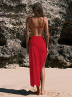 Swim Chiccia Saia com Gola Alta e Estilo Capa de Cor Sólida para Mulheres, com Fenda na Coxa e Decoração de Flor 3D, Verão