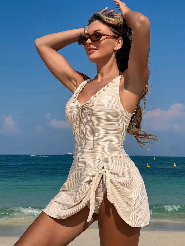 Swim Lushoire 2 peças Elegante Vestido de Praia Texturizado de Decote em V Versátil Estilo Francês e Parte de Baixo, Roupa de Banho para Férias e Praia em Dias de Primavera