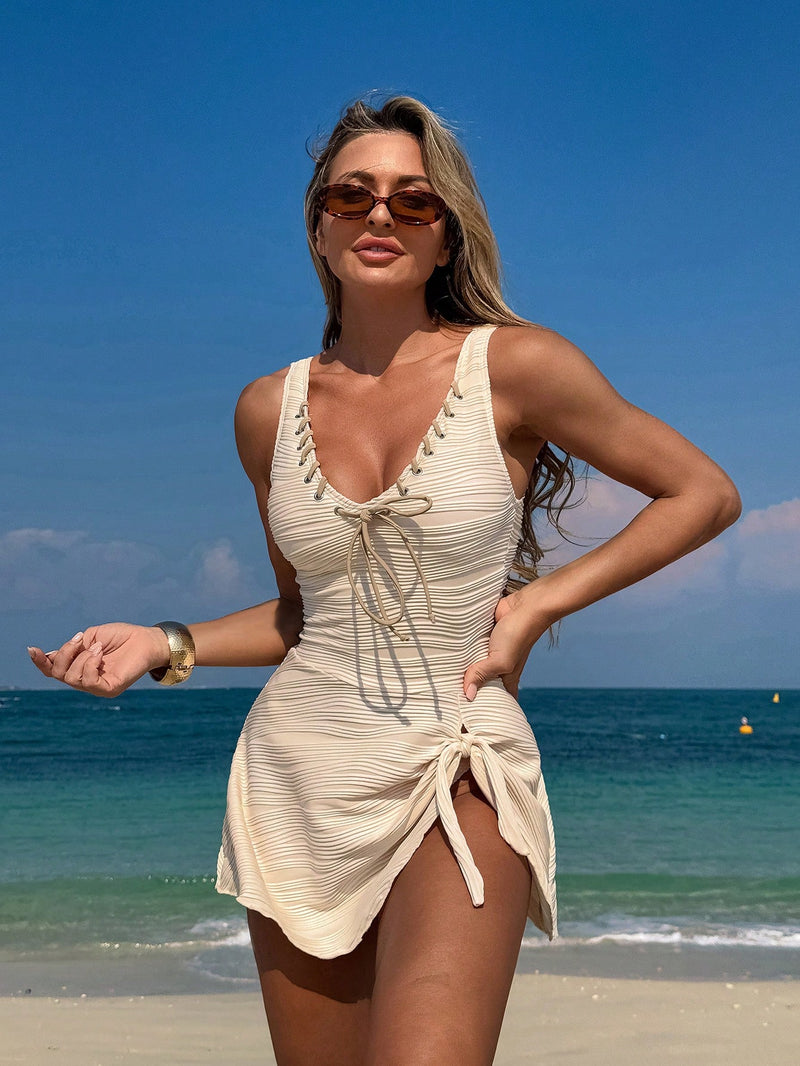 Swim Lushoire 2 peças Elegante Vestido de Praia Texturizado de Decote em V Versátil Estilo Francês e Parte de Baixo, Roupa de Banho para Férias e Praia em Dias de Primavera