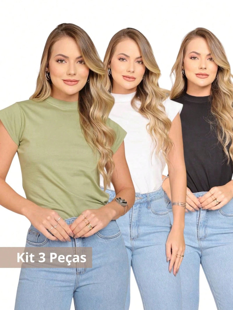 Vendedor Indicadokit 3 T Shirt Muscle tee blusa gola alta feminina manga curta camiseta básica lisa preta branca nude