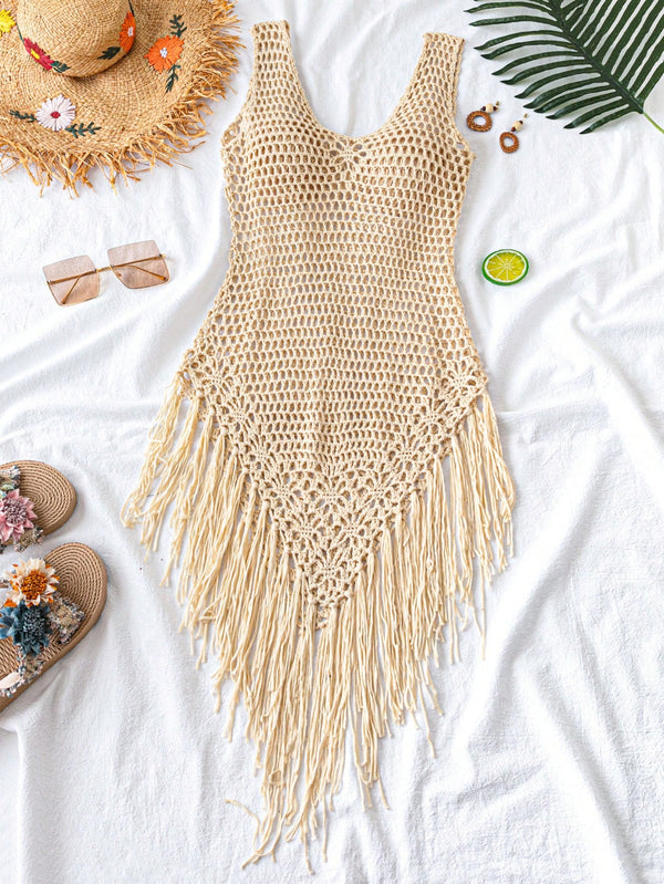 Swim Vestido Capa com Bainha de Franjas Tricotada Vazada, para Férias na Praia no Verão