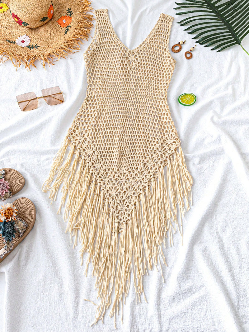 Swim Vestido Capa com Bainha de Franjas Tricotada Vazada, para Férias na Praia no Verão