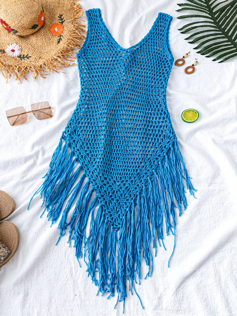 Swim Vestido Capa com Bainha de Franjas Tricotada Vazada, para Férias na Praia no Verão