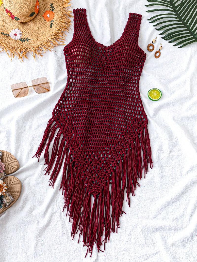 Swim Vestido Capa com Bainha de Franjas Tricotada Vazada, para Férias na Praia no Verão