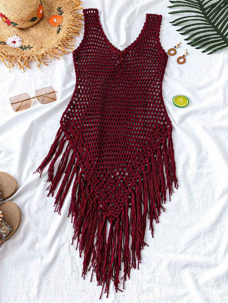 Swim Vestido Capa com Bainha de Franjas Tricotada Vazada, para Férias na Praia no Verão