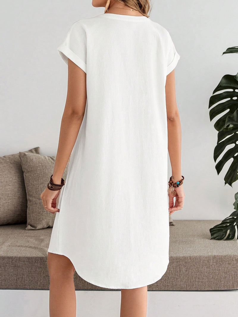 Sylviya Vestido Feminino Casual de Camisa Listrada de Manga Curta com Decote em V Verão, Até o Joelho