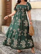 SHEIN Vestido Casual de Verão Boho Simples e Estampado para Uso Diário, Plus Size (Estampa Aleatória) Conjunto Feminino