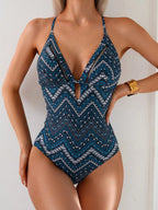 SHEIN Swim Maiô de uma peça sexy com alças finas, Listrado com Ondas e Vazados, Para Férias e Praia no Verão