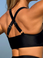 Swim Lushoire Conjunto de Maiô Bikini com Alça Cruzada e Franzida na Cintura Alta Preto Feminino, Roupa de Banho para Férias na Praia, Primavera/Verão