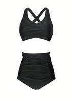 Swim Lushoire Conjunto de Maiô Bikini com Alça Cruzada e Franzida na Cintura Alta Preto Feminino, Roupa de Banho para Férias na Praia, Primavera/Verão