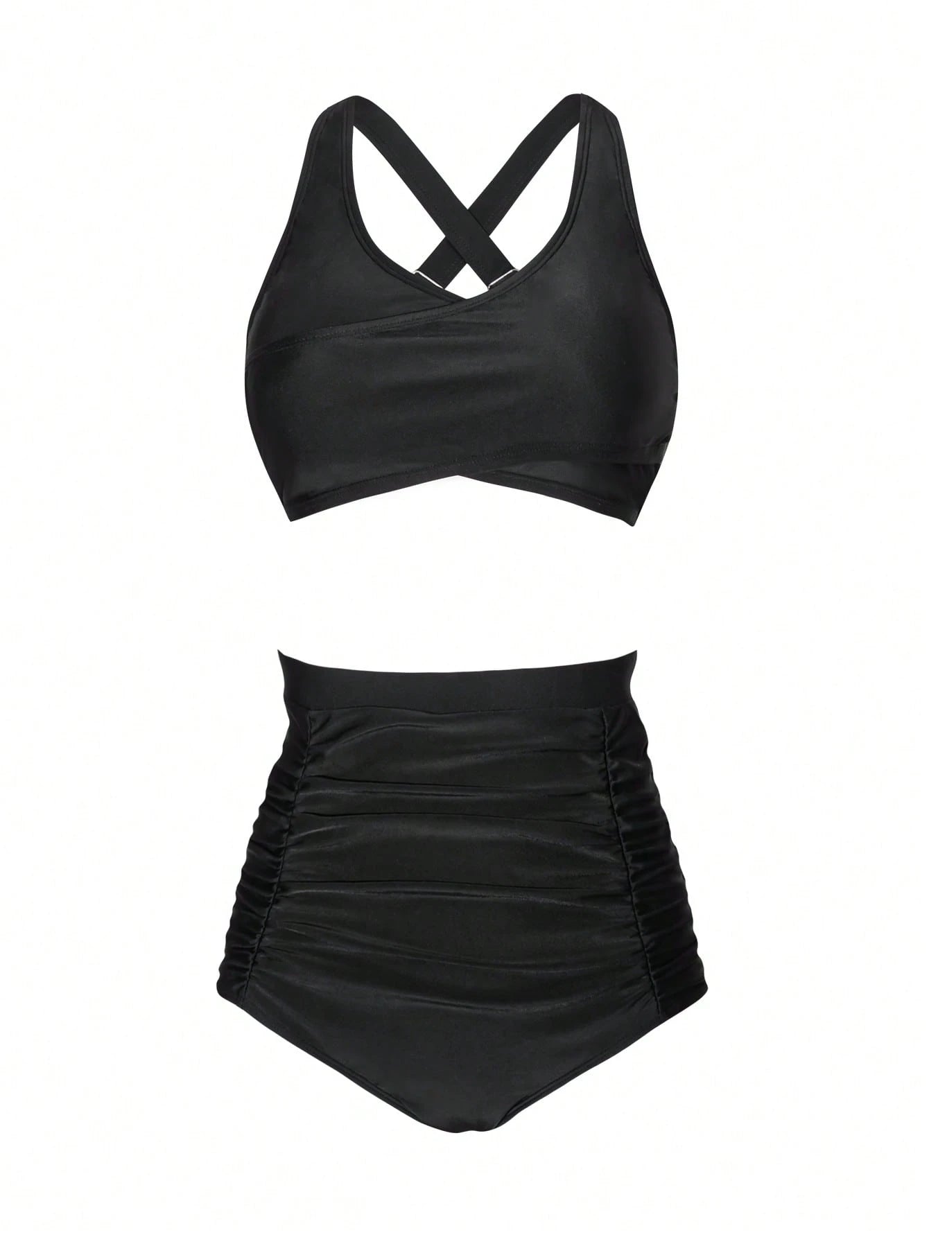 Swim Lushoire Conjunto de Maiô Bikini com Alça Cruzada e Franzida na Cintura Alta Preto Feminino, Roupa de Banho para Férias na Praia, Primavera/Verão
