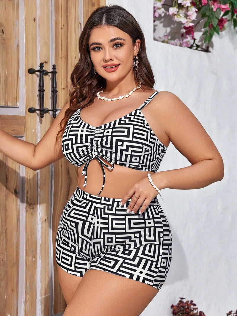  Conjunto de 3 peças de roupa de praia plus size feminina, estilo quimono, design solto com alça e split, com estampa aleatória