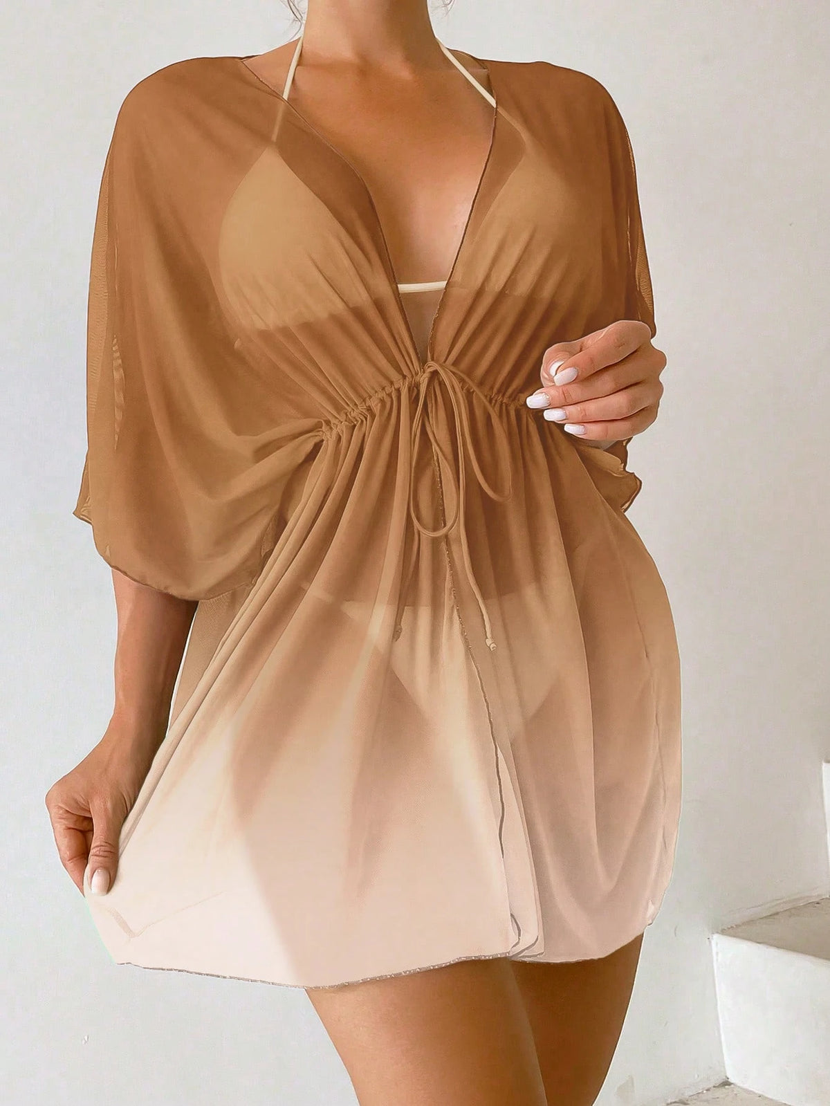SHEIN Swim Ombre Cintura Com Cordão Manga De Asa De Morcego Malha Quimono