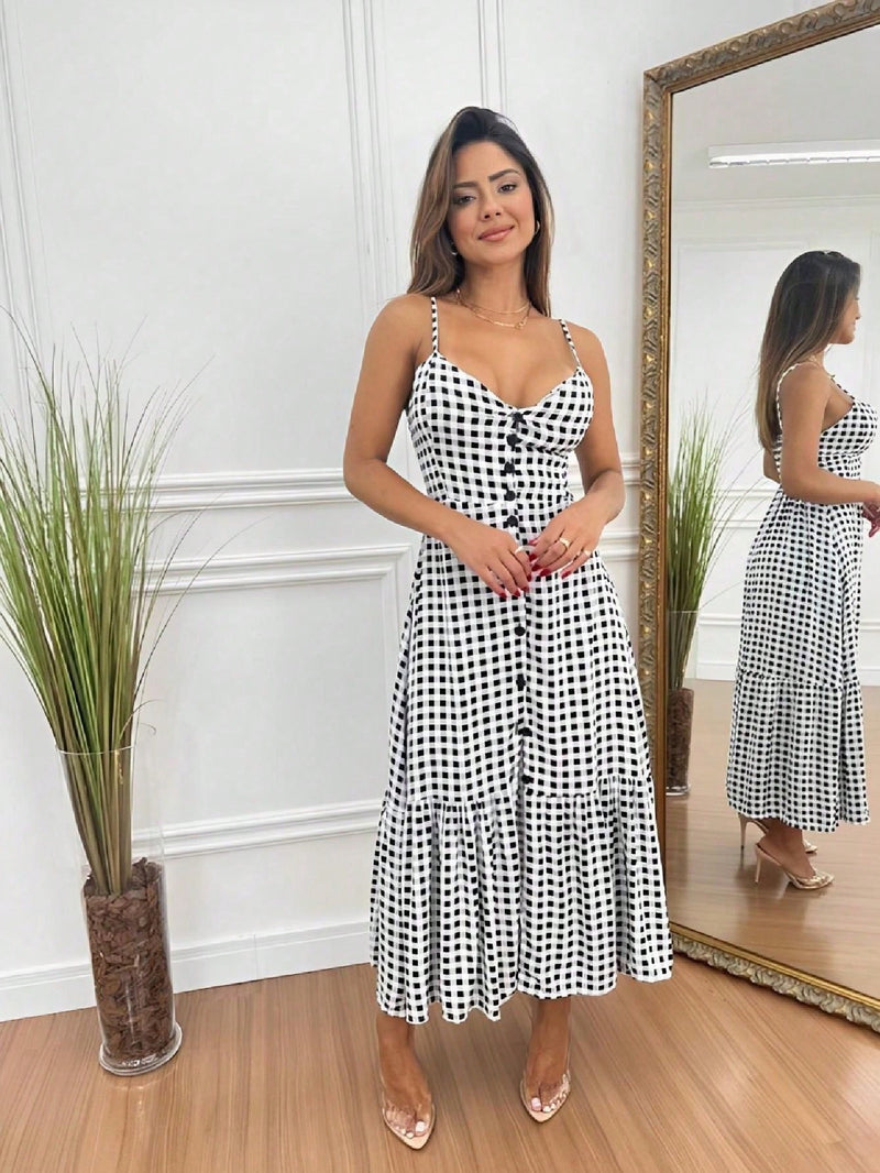 Vendedor Indicado
Vestido Longo Feminino Botão Na Frente Babado e Alça