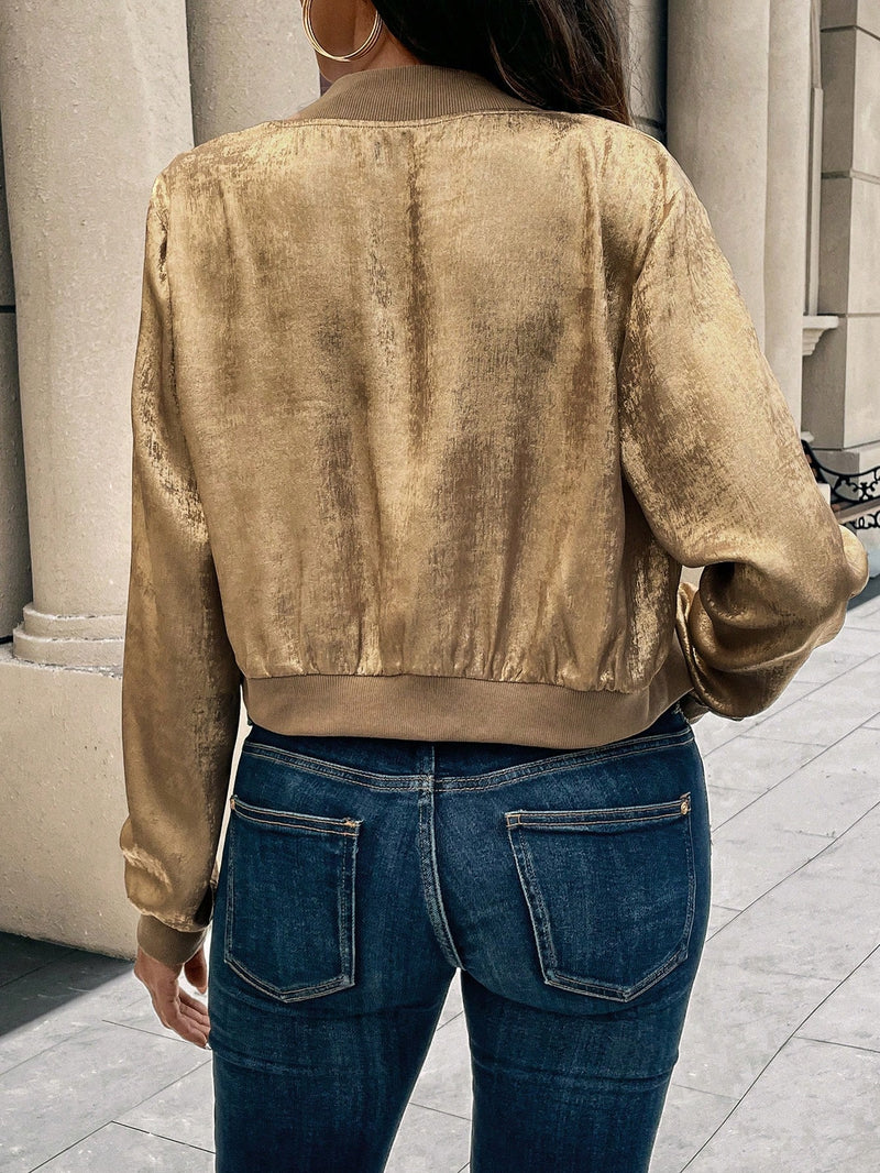 SHEIN LUNE Jaqueta de beisebol com zíper metálico dourado, punhos canelados, novo visual de outono, elegante,