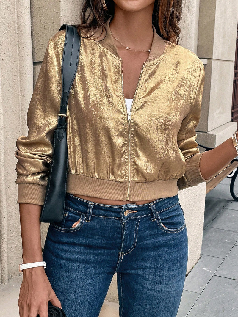 SHEIN LUNE Jaqueta de beisebol com zíper metálico dourado, punhos canelados, novo visual de outono, elegante,