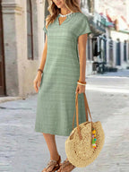 EMERY ROSE Vestido de Verão Feminino com Pescoço em V Ranhura Listras Florais com Estampa de Manga Curta