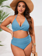 Swim Lushoire Conjunto de Maiô Bikini Minimalista de uma Cor com Alça e Amarração nas Costas, Plus Size, Verão