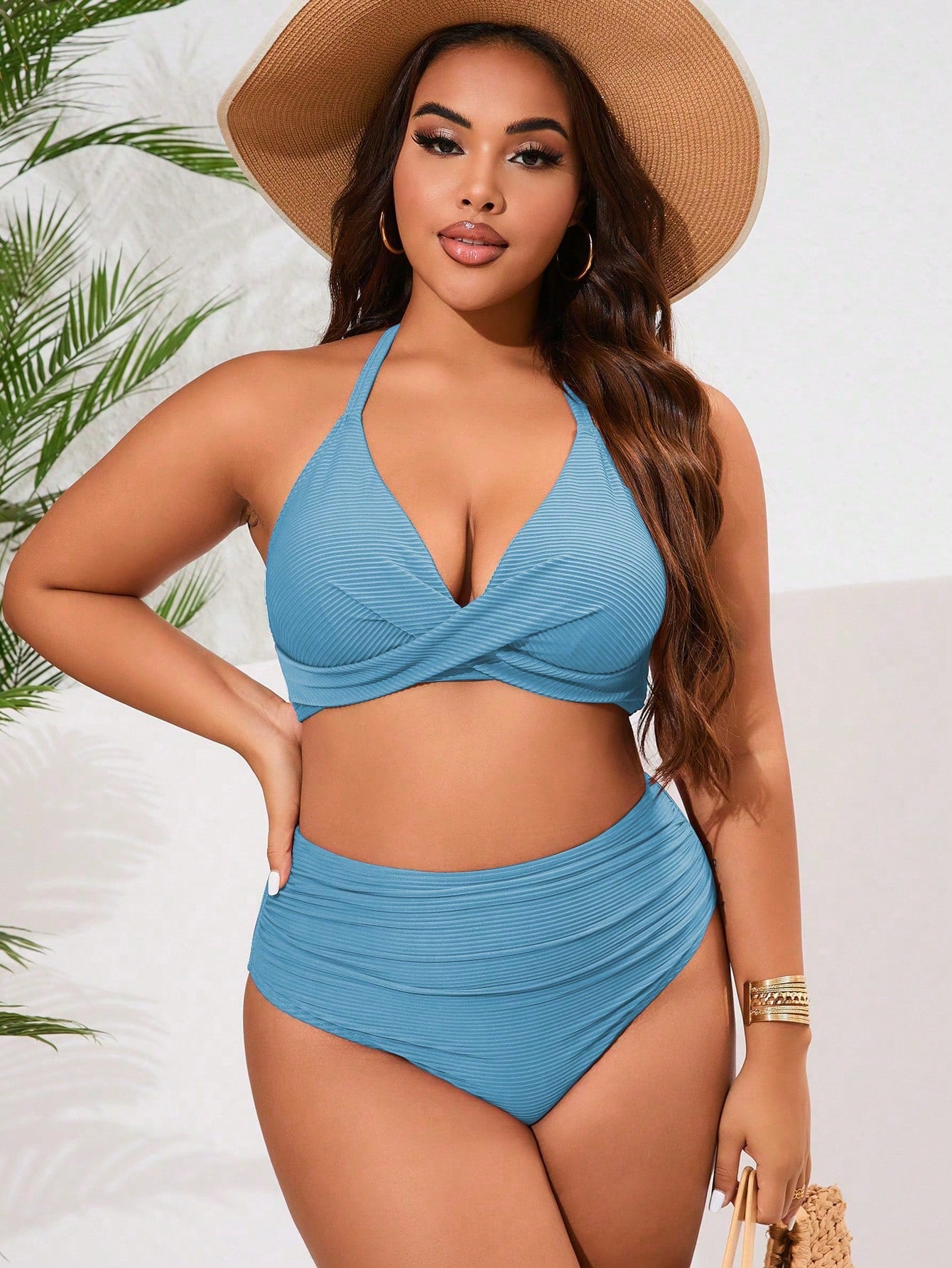 Swim Lushoire Conjunto de Maiô Bikini Minimalista de uma Cor com Alça e Amarração nas Costas, Plus Size, Verão