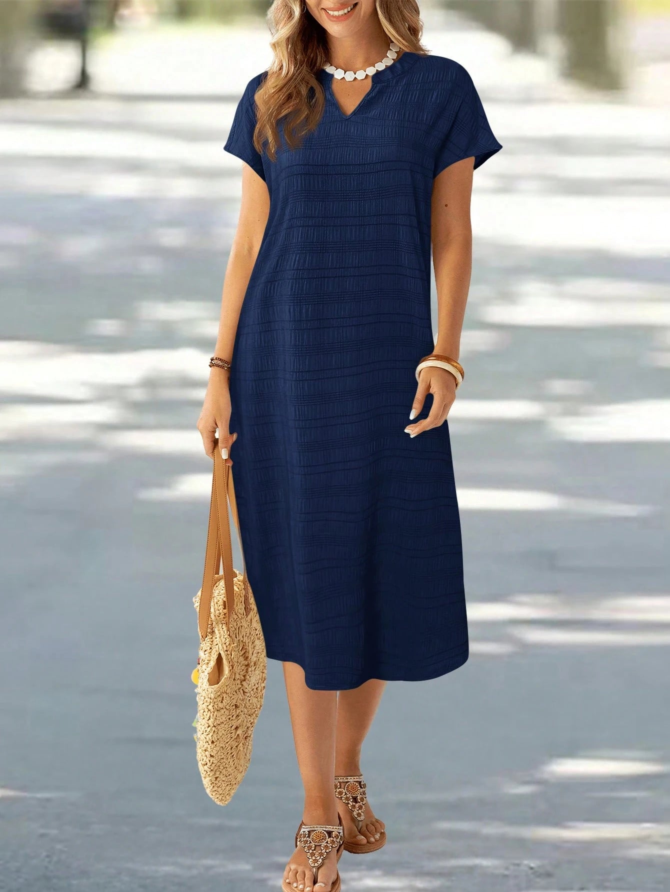 EMERY ROSE Vestido de Verão Feminino com Pescoço em V Ranhura Listras Florais com Estampa de Manga Curta