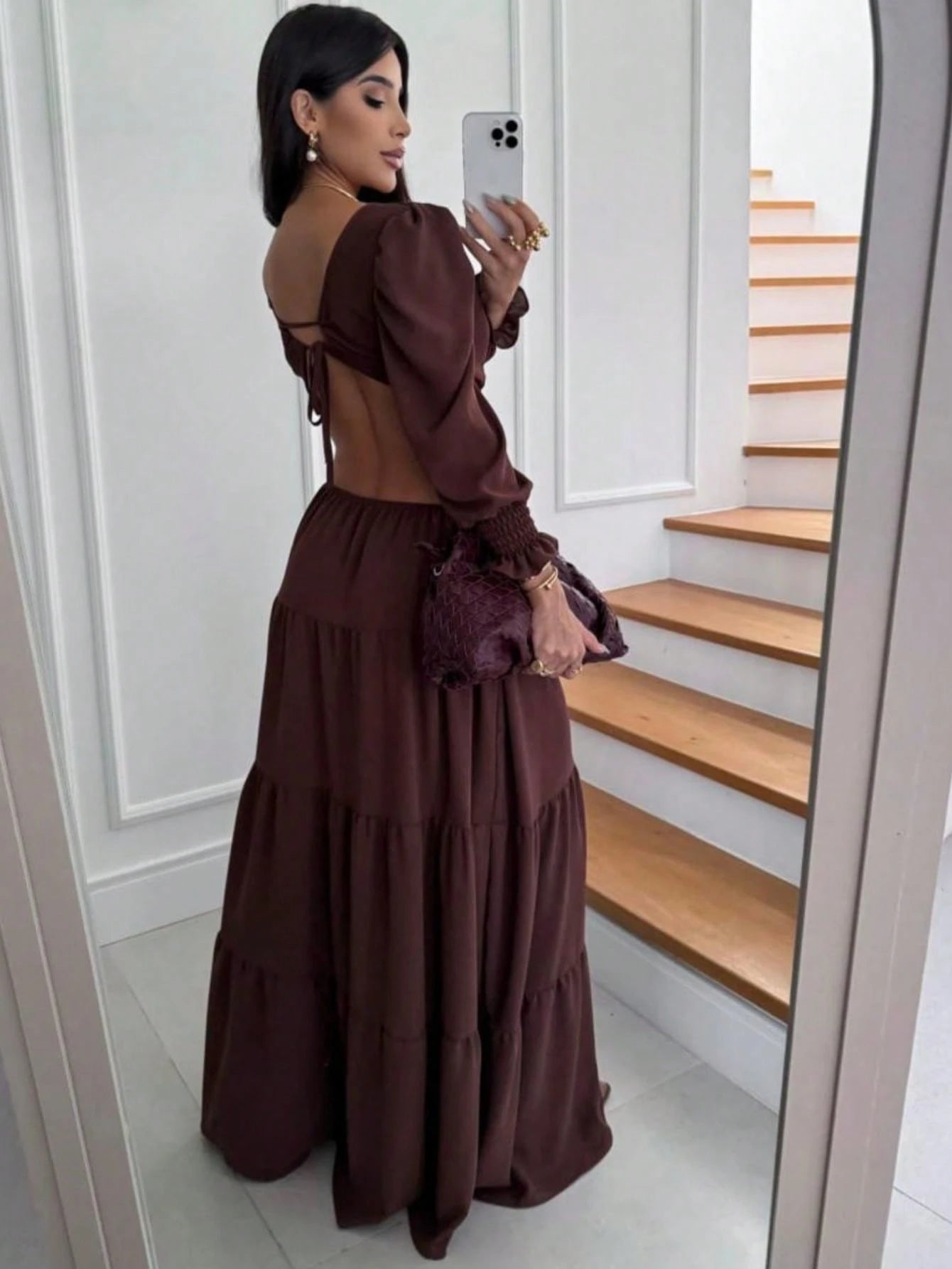 Vestido Longo Elegante Manga Princesa Boho Chic Costa Nua Duna Forrado Amarração Casamento