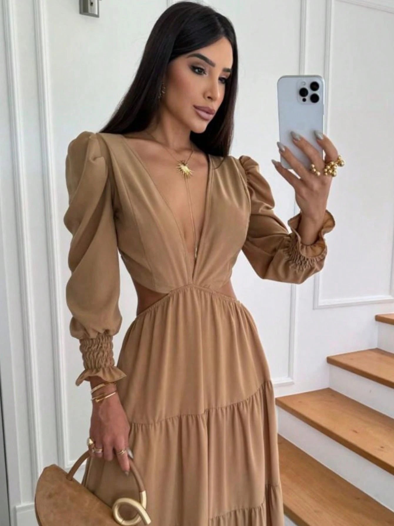 Vestido Longo Elegante Manga Princesa Boho Chic Costa Nua Duna Forrado Amarração Casamento