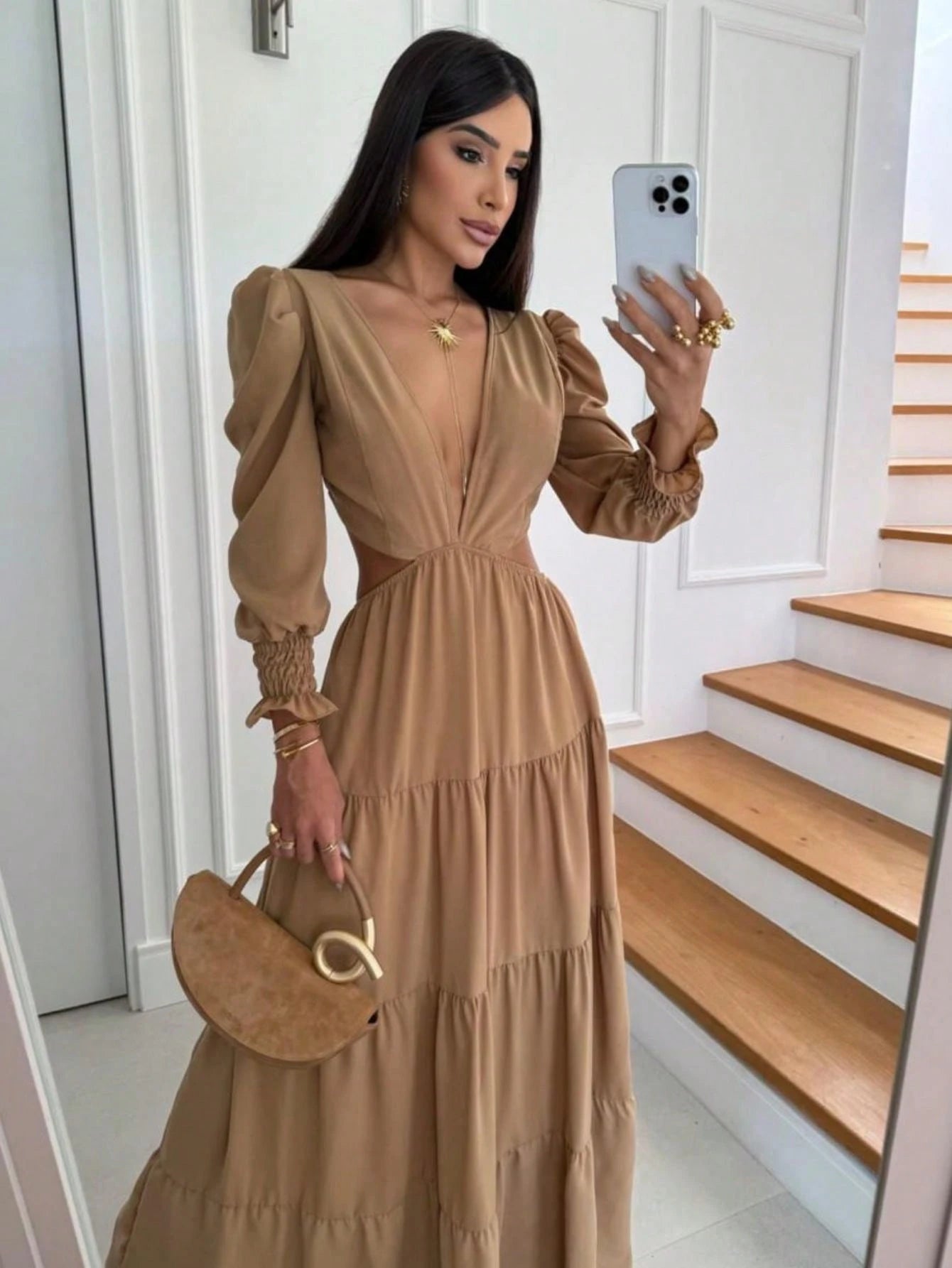 Vestido Longo Elegante Manga Princesa Boho Chic Costa Nua Duna Forrado Amarração Casamento