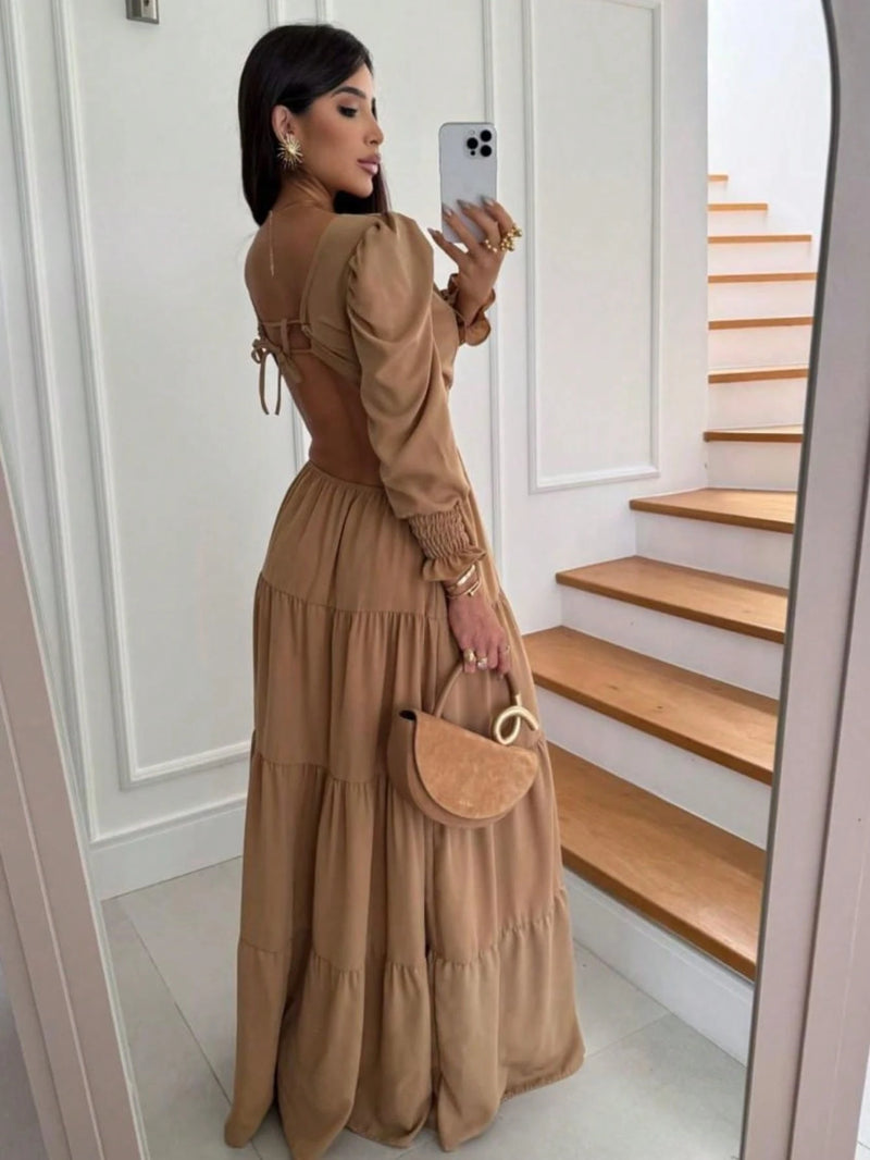 Vestido Longo Elegante Manga Princesa Boho Chic Costa Nua Duna Forrado Amarração Casamento