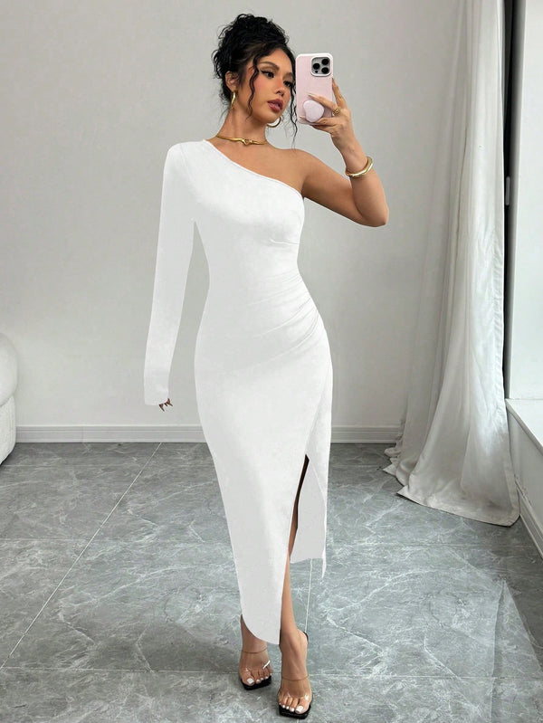 Chiquease Vestido Assimétrico Elegante de Gola Dividida e Cor Sólida para Mulheres
