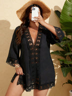 SHEIN Swim Curve Vestido de Praia Casual com Decote em V Profundo, Recortes em Renda, Para Mulheres Plus Size
