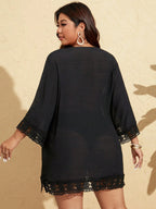 SHEIN Swim Curve Vestido de Praia Casual com Decote em V Profundo, Recortes em Renda, Para Mulheres Plus Size