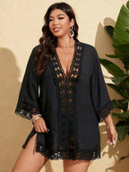 SHEIN Swim Curve Vestido de Praia Casual com Decote em V Profundo, Recortes em Renda, Para Mulheres Plus Size