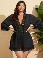 SHEIN Swim Curve Vestido de Praia Casual com Decote em V Profundo, Recortes em Renda, Para Mulheres Plus Size
