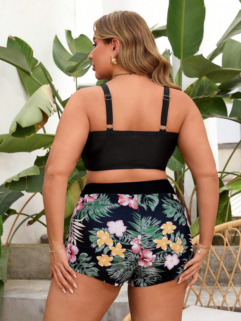 Swim Lushoire Maiô Bikini Plus Size Verão 2 Peças Feminino com Alças Finas, Decote em V, Cordão, Cor Sólida Tankini e Shorts, Roupa de Praia Casual